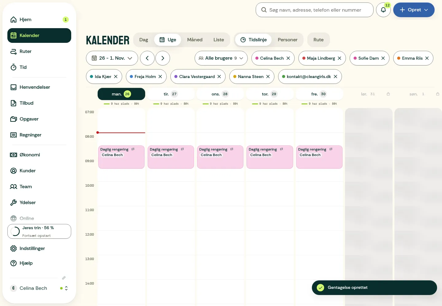 Kalenderens uge med ét besøg hver dag fra mandag til fredag.