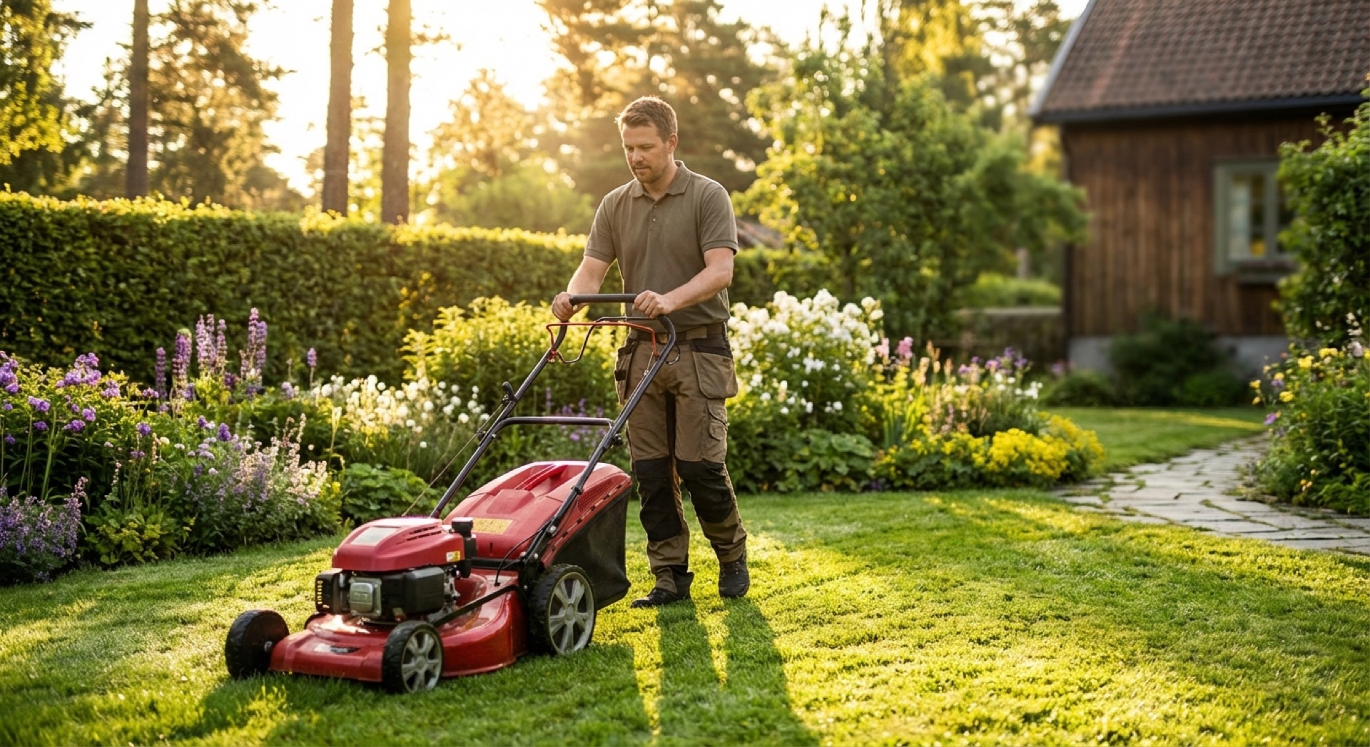 Gartner der slår græs i en flot skandinavisk have